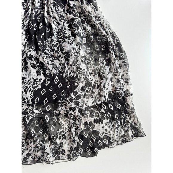 MASSIMO DUTTI Black White Floral Silk Crepe A-Line Midi Dress, Size 6 - Picture 11 of 16